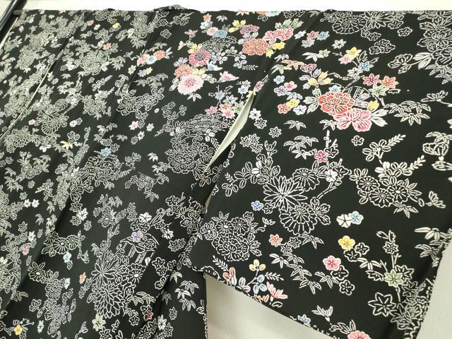 平和屋着物●訪問着　型染　吉祥花尽くし文　黒地　正絹　逸品　DABE4011az