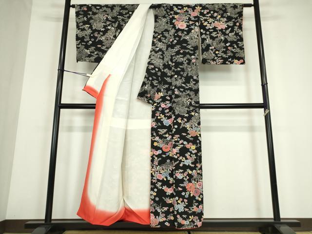 平和屋着物●訪問着　型染　吉祥花尽くし文　黒地　正絹　逸品　DABE4011az