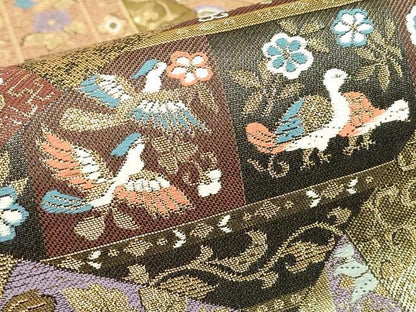 平和屋着物▼六通柄袋帯　正倉院切嵌め花鳥文　金糸　正絹　逸品　DABE4120az