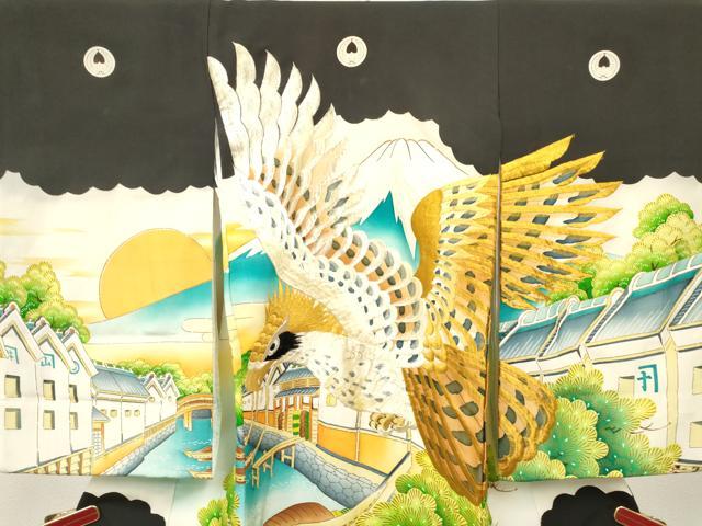 平和屋着物[]お宮参り 男の子 祝着 産着 初着 のしめ 刺繍 鷹 鷲 渡船風景松文 暈し染め 金彩 逸品 DABC5363ma
