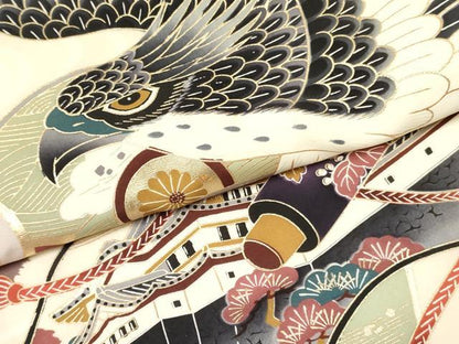 平和屋着物[]お宮参り 男の子 祝着 産着 初着 のしめ 鷹 鷲 地紙重ね 絵巻風景松文 金彩 逸品 DABC5367ma