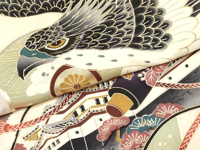 平和屋着物[]お宮参り 男の子 祝着 産着 初着 のしめ 鷹 鷲 地紙重ね 絵巻風景松文 金彩 逸品 DABC5367ma