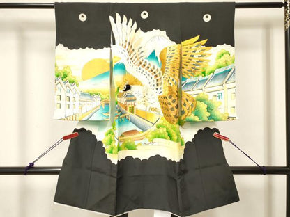 平和屋着物[]お宮参り 男の子 祝着 産着 初着 のしめ 刺繍 鷹 鷲 渡船風景松文 暈し染め 金彩 逸品 DABC5363ma