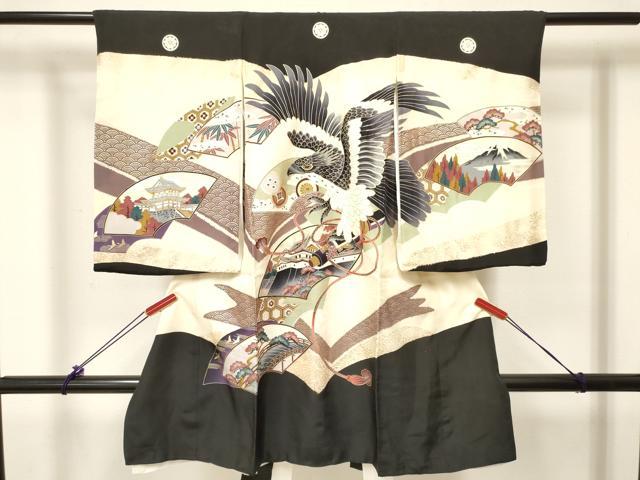 平和屋着物[]お宮参り 男の子 祝着 産着 初着 のしめ 鷹 鷲 地紙重ね 絵巻風景松文 金彩 逸品 DABC5367ma