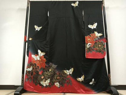 平和屋着物●豪華振袖　花蝶文　暈し染め　黒地　金銀彩　正絹　逸品　未使用　AABH4794fy