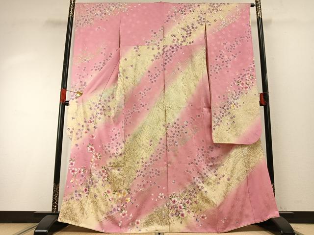 平和屋着物●豪華振袖　舞花文　暈し染め　金銀彩　正絹　逸品　AABH4793fy
