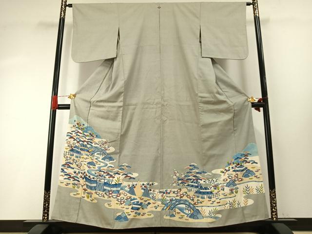 平和屋着物●本場結城紬　重要無形文化財　訪問着　友禅　藍染　松竹梅　正絹　逸品　AABH4776fy