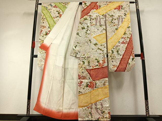平和屋着物●豪華振袖　駒刺繍　絞り　草花文　金彩　正絹　逸品　AABH4786fy