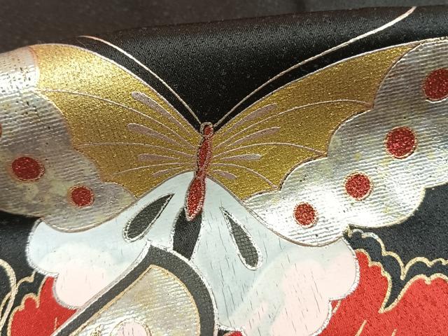 平和屋着物●豪華振袖　花蝶文　暈し染め　黒地　金銀彩　正絹　逸品　未使用　AABH4794fy