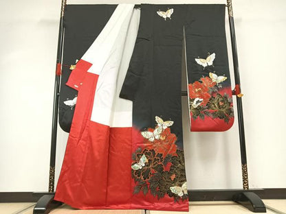 平和屋着物●豪華振袖　花蝶文　暈し染め　黒地　金銀彩　正絹　逸品　未使用　AABH4794fy