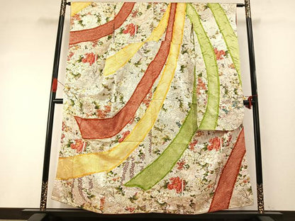 平和屋着物●豪華振袖　駒刺繍　絞り　草花文　金彩　正絹　逸品　AABH4786fy