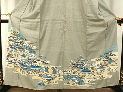 平和屋着物●本場結城紬　重要無形文化財　訪問着　友禅　藍染　松竹梅　正絹　逸品　AABH4776fy