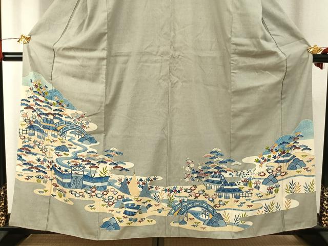 平和屋着物●本場結城紬　重要無形文化財　訪問着　友禅　藍染　松竹梅　正絹　逸品　AABH4776fy