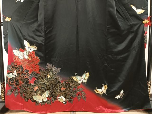 平和屋着物●豪華振袖　花蝶文　暈し染め　黒地　金銀彩　正絹　逸品　未使用　AABH4794fy
