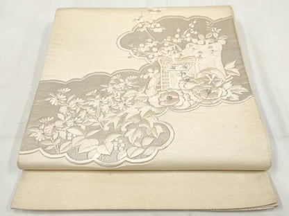 平和屋着物▼総刺繍 袋帯 雲取り御所車花文 銀糸 正絹 逸品 AABH1838wj