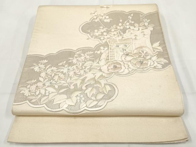 平和屋着物▼総刺繍 袋帯 雲取り御所車花文 銀糸 正絹 逸品 AABH1838wj