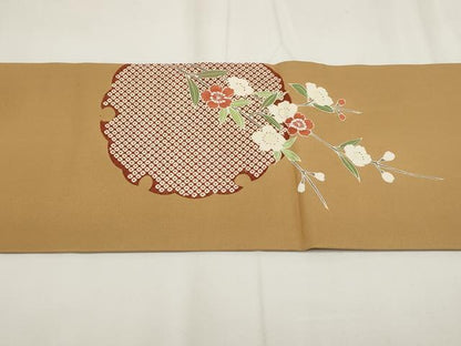 平和屋着物●塩瀬　九寸名古屋帯　友禅　手描き　雪輪花文　正絹　逸品　AABH1836wj