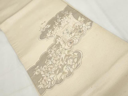 平和屋着物▼総刺繍 袋帯 雲取り御所車花文 銀糸 正絹 逸品 AABH1838wj