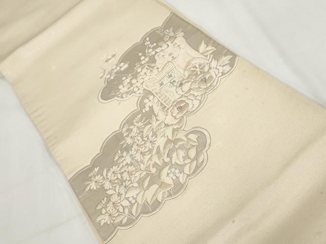 平和屋着物▼総刺繍 袋帯 雲取り御所車花文 銀糸 正絹 逸品 AABH1838wj