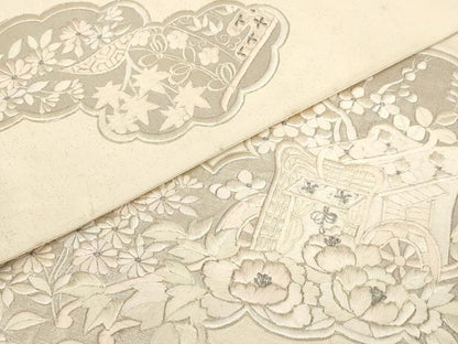 平和屋着物▼総刺繍 袋帯 雲取り御所車花文 銀糸 正絹 逸品 AABH1838wj