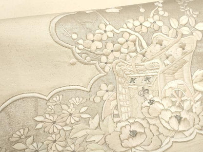 平和屋着物▼総刺繍 袋帯 雲取り御所車花文 銀糸 正絹 逸品 AABH1838wj