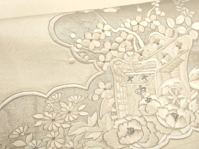 平和屋着物▼総刺繍 袋帯 雲取り御所車花文 銀糸 正絹 逸品 AABH1838wj