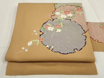 平和屋着物●塩瀬　九寸名古屋帯　友禅　手描き　雪輪花文　正絹　逸品　AABH1836wj