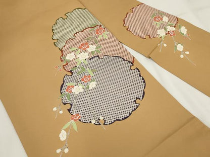 平和屋着物●塩瀬　九寸名古屋帯　友禅　手描き　雪輪花文　正絹　逸品　AABH1836wj