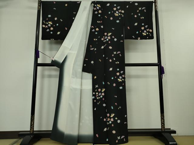平和屋本店●極上　小紋　宝尽くし　黒地　鬼しぼ縮緬　逸品　DZAA7054kh6
