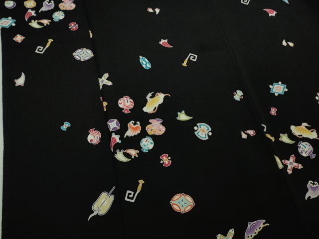平和屋本店●極上　小紋　宝尽くし　黒地　鬼しぼ縮緬　逸品　DZAA7054kh6