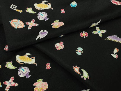 平和屋本店●極上　小紋　宝尽くし　黒地　鬼しぼ縮緬　逸品　DZAA7054kh6