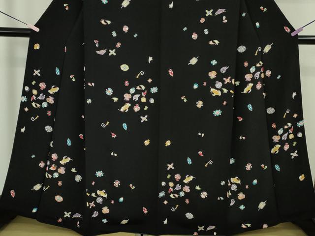平和屋本店●極上　小紋　宝尽くし　黒地　鬼しぼ縮緬　逸品　DZAA7054kh6