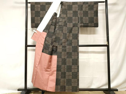 平和屋着物■上質な紬　市松幾何学文　胴抜き仕立て　正絹　逸品　CABE7771ev