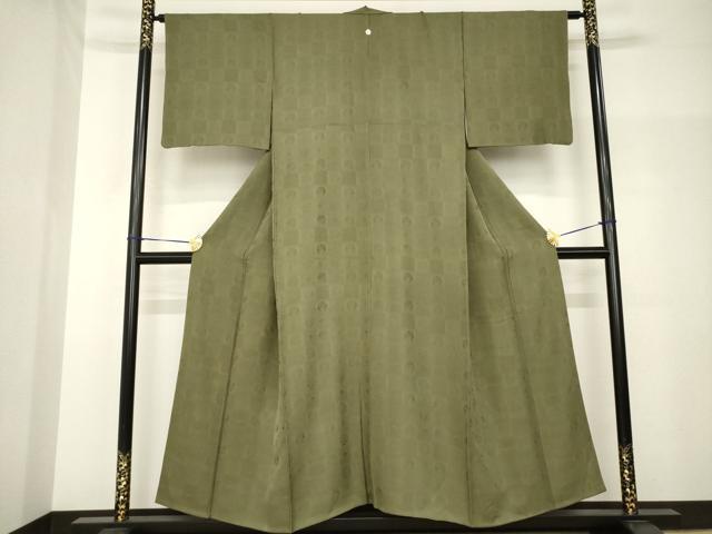 平和屋着物●上質な色無地　市松吉祥地紋　国防色　正絹　逸品　AABH7050ck 平和屋着物○上質な色無地 市松吉祥地紋 国防色 正絹 逸品 AABH7050ck
