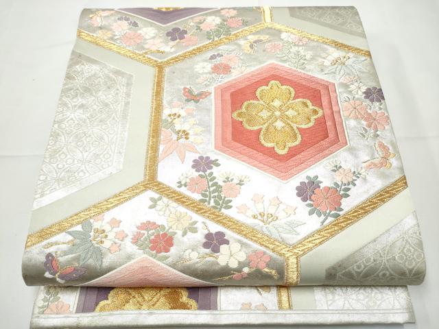 平和屋着物●唐織・西陣の老舗・名門・藤原織物　六通柄袋帯　唐織　亀甲花蝶文　金糸　正絹　逸品　CABF5228hy