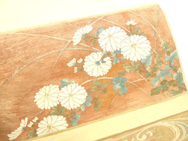 平和屋着物●太鼓柄袋帯　紬地　すくい織　流水菊文　金銀糸　正絹　逸品　CABF5233hy 平和屋着物○太鼓柄袋帯 紬地 すくい織 流水菊文 金銀糸 正絹 逸品