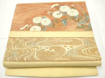 平和屋着物●太鼓柄袋帯　紬地　すくい織　流水菊文　金銀糸　正絹　逸品　CABF5233hy