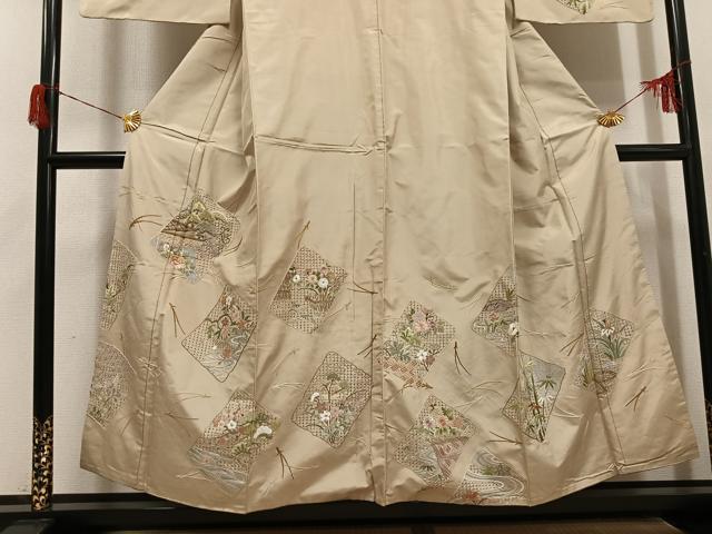 平和屋着物●本場大島紬　訪問着　総刺繍　中国三大刺繍　スワトウ刺繍　汕頭刺繍　松竹梅色紙風景文　正絹　逸品　AABH6922ph