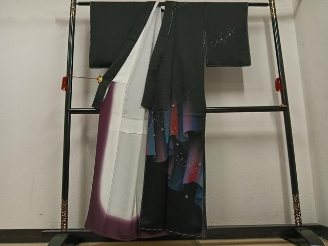 平和屋着物○訪問着 オーロラ 暈し染め 黒地 正絹 逸品 未使用 AABH6915ph