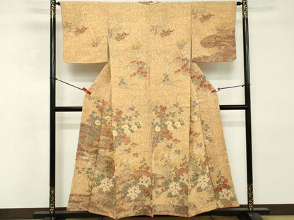 平和屋着物■訪問着　流水草花文　鬼しぼ縮緬　正絹　逸品　DABE2835cd