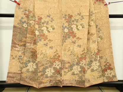 平和屋着物■訪問着　流水草花文　鬼しぼ縮緬　正絹　逸品　DABE2835cd