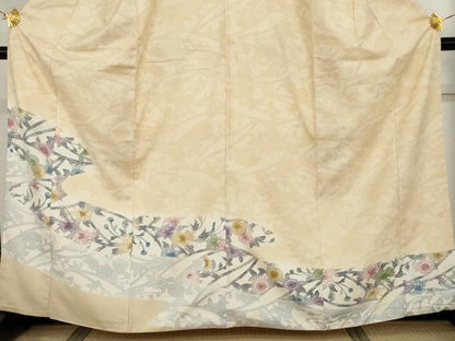 平和屋着物●江戸紅型　結城紬　訪問着　草花文　証紙付き　正絹　逸品　AABH7125cs