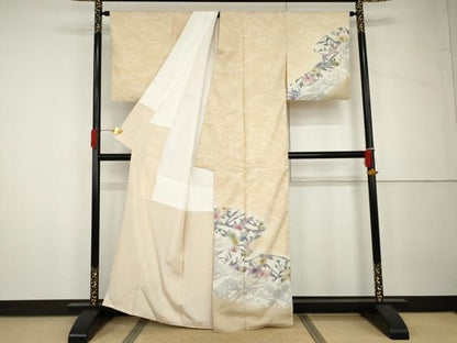 平和屋着物●江戸紅型　結城紬　訪問着　草花文　証紙付き　正絹　逸品　AABH7125cs