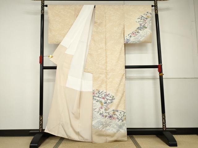 平和屋着物●江戸紅型　結城紬　訪問着　草花文　証紙付き　正絹　逸品　AABH7125cs