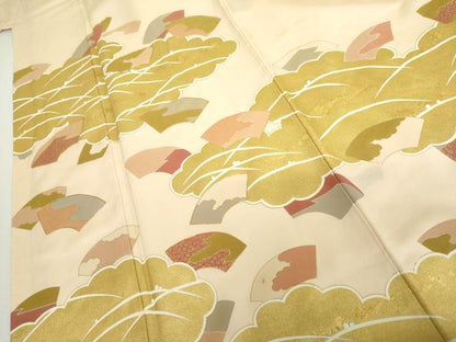 平和屋着物●訪問着　駒刺繍　雲取り地紙露芝花文　金彩　正絹　逸品　AABH7148cs