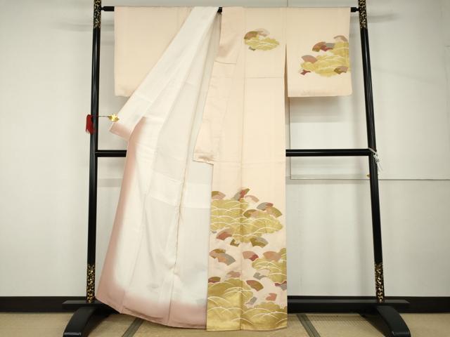 平和屋着物●訪問着　駒刺繍　雲取り地紙露芝花文　金彩　正絹　逸品　AABH7148cs