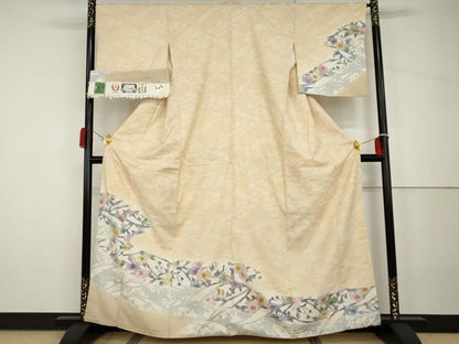 平和屋着物●江戸紅型　結城紬　訪問着　草花文　証紙付き　正絹　逸品　AABH7125cs