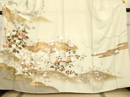 平和屋着物●訪問着　友禅　駒刺繍　雲取枝花文　暈し染め　金彩　正絹　逸品　AABH7176cs