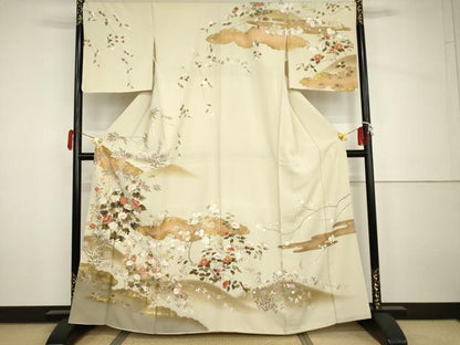 平和屋着物●訪問着　友禅　駒刺繍　雲取枝花文　暈し染め　金彩　正絹　逸品　AABH7176cs