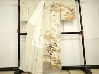 平和屋着物●訪問着　友禅　駒刺繍　雲取枝花文　暈し染め　金彩　正絹　逸品　AABH7176cs